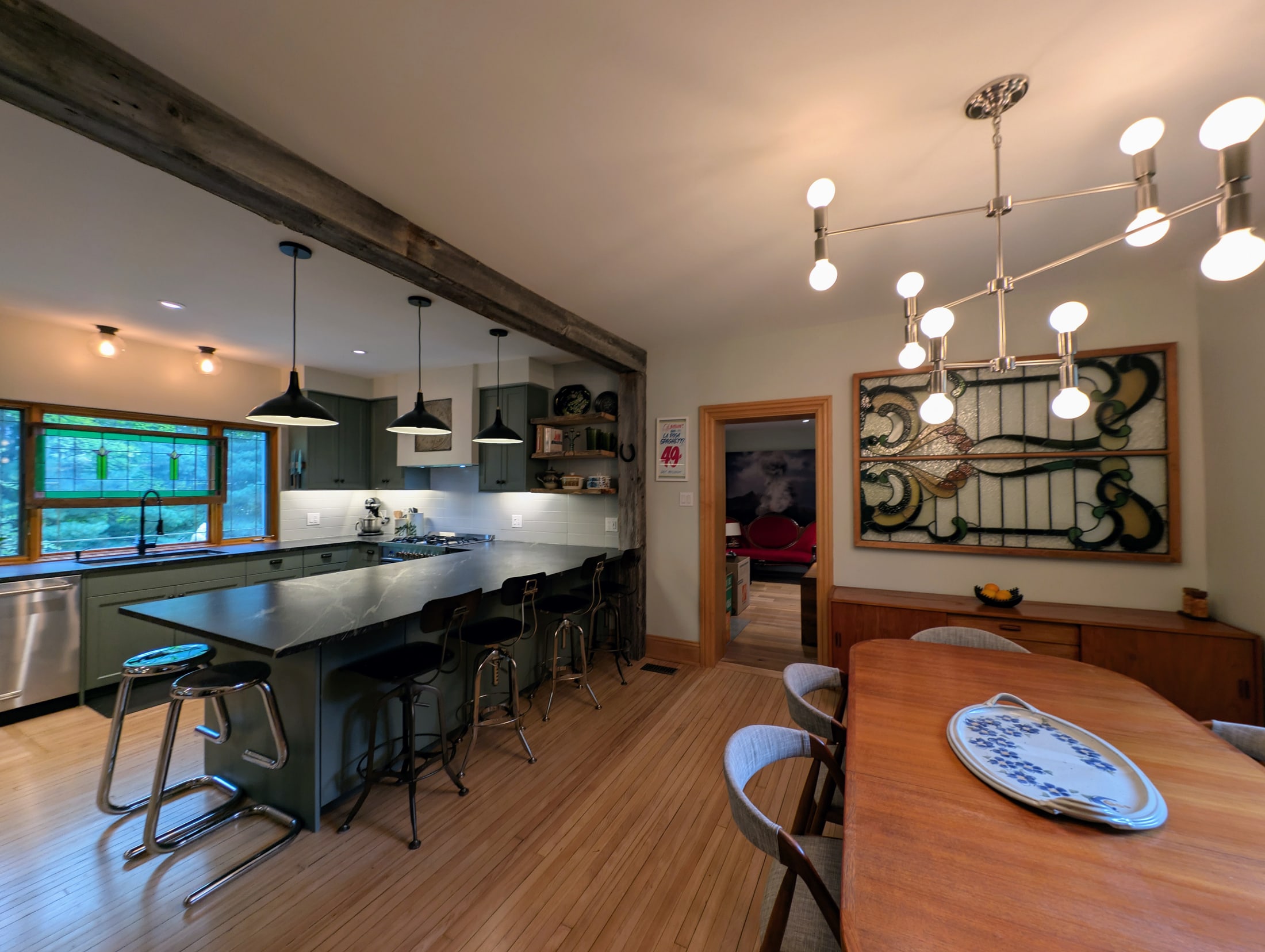 Island seating and adjoining dining room
