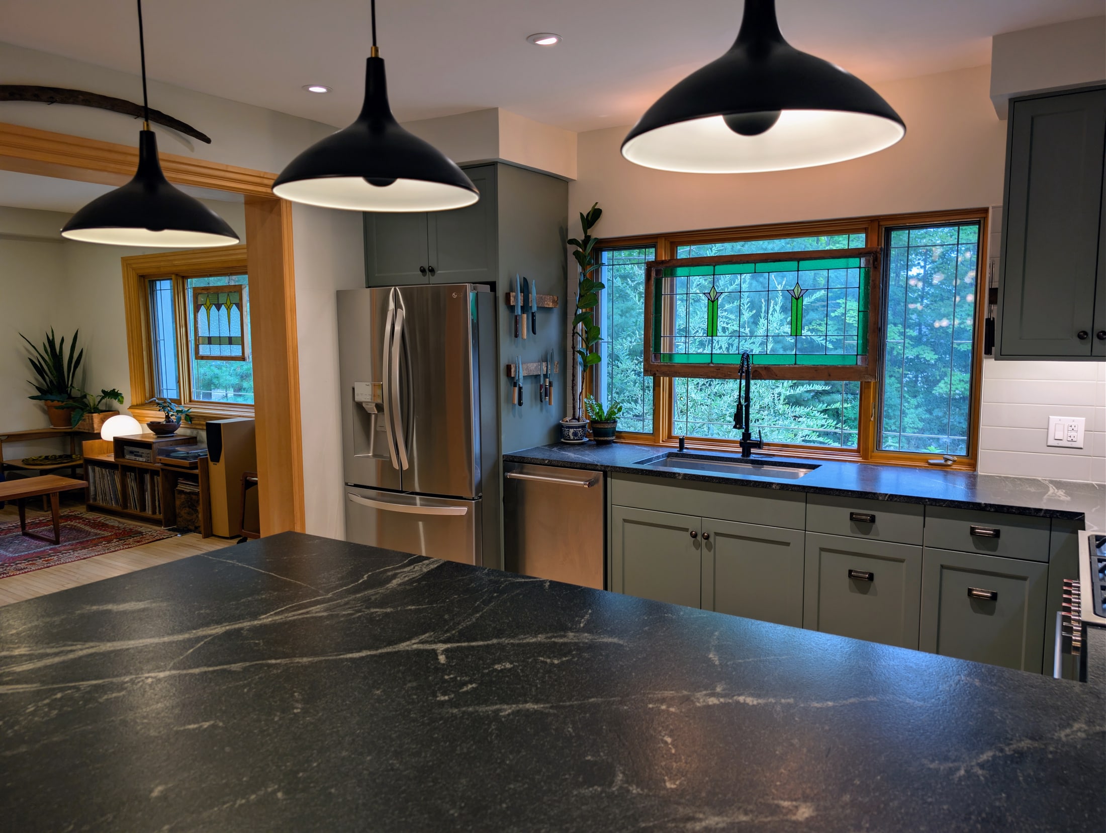 Kitchen workspace and garden-facing windows
